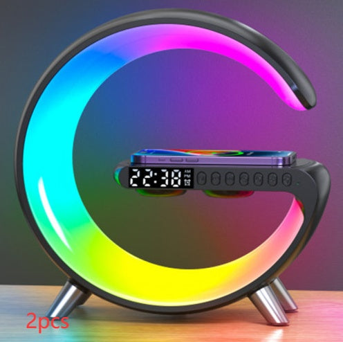 Lámpara LED inteligente con forma de G, altavoz Bluetooth, cargador inalámbrico, lámpara de ambiente y control por aplicación para dormitorio y decoración del hogar