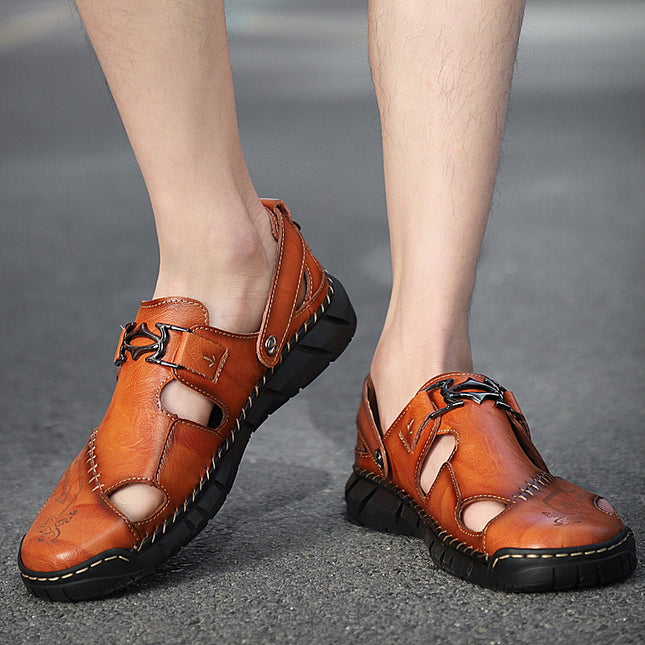 Sandalias casuales de cuero genuino para jóvenes, pantuflas de hombre de moda que combinan con todo