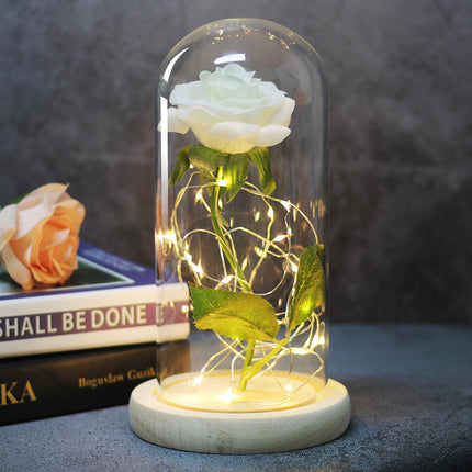 Flor de Rosa Encantada Eterna en Cúpula de Cristal con Luz LED para Decoración Navideña