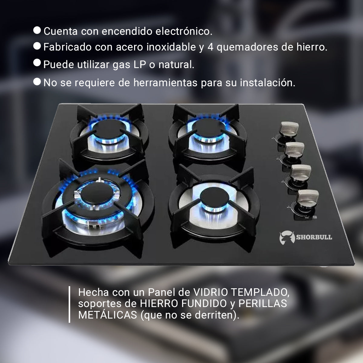 Parrilla 4 quemadores de vidrio Shorbull