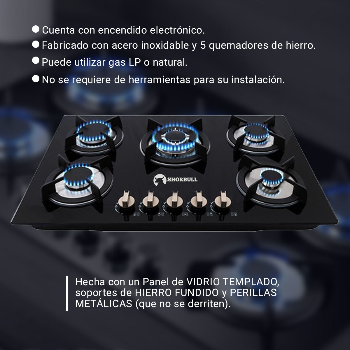 Parrilla 5 Quemadores Vidrio Shorbull