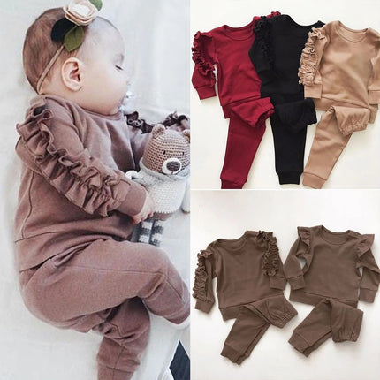Bebé recién nacido niño niña, jersey con volantes, sudadera de manga larga lisa, tops, pantalones, conjunto de ropa de 2 piezas para niños pequeños, ropa de otoño