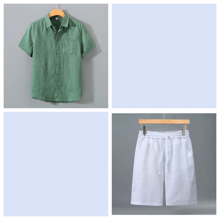 Conjunto de pantalones cortos y camisa de manga corta de lino puro para hombre - Traje de verano ligero e informal y holgado