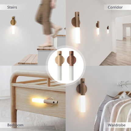 Luz nocturna LED USB magnética de madera inalámbrica para pasillos, porche, sensor de movimiento PIR, lámpara de pared, lámpara de armario