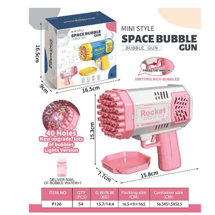 Pistola de burbujas cohete 69 agujeros, máquina de pompas de jabón con forma de ametralladora, soplador automático con luz, juguetes para niños