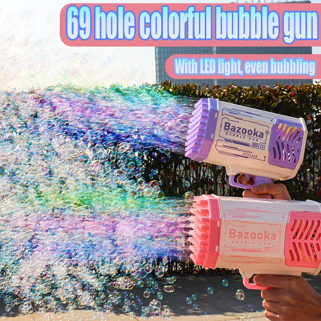 Pistola de burbujas cohete 69 agujeros, máquina de pompas de jabón con forma de ametralladora, soplador automático con luz, juguetes para niños
