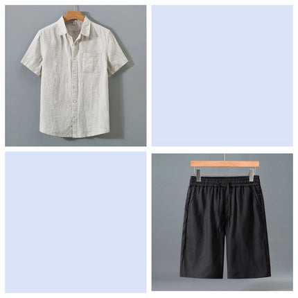 Conjunto de pantalones cortos y camisa de manga corta de lino puro para hombre - Traje de verano ligero e informal y holgado