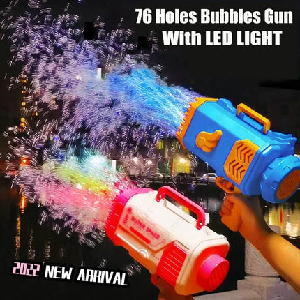 Pistola de burbujas cohete 69 agujeros, máquina de pompas de jabón con forma de ametralladora, soplador automático con luz, juguetes para niños
