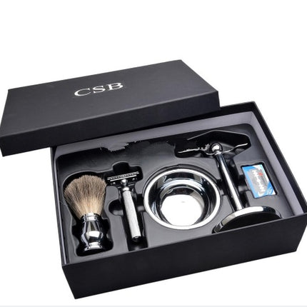 CSB Juego de Afeitado, Maquinilla de Afeitar de Seguridad de Doble Filo para Hombre, Brocha de Pelo de Tejón, Soporte Cromado, Tazón, Jabón, Kit, 10 Cuchillas Gratis