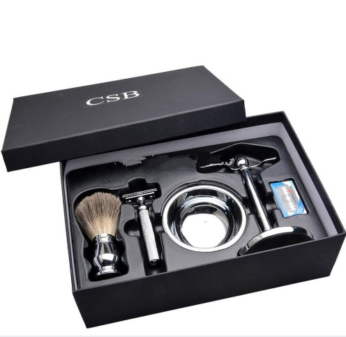 CSB Juego de Afeitado, Maquinilla de Afeitar de Seguridad de Doble Filo para Hombre, Brocha de Pelo de Tejón, Soporte Cromado, Tazón, Jabón, Kit, 10 Cuchillas Gratis
