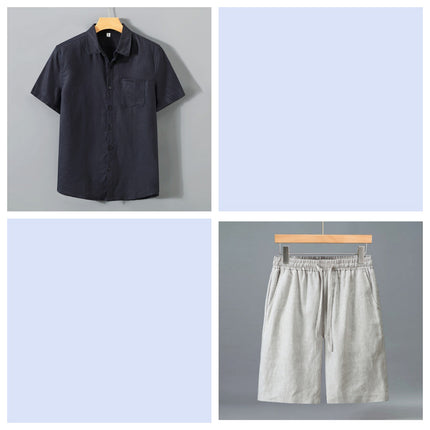 Conjunto de pantalones cortos y camisa de manga corta de lino puro para hombre - Traje de verano ligero e informal y holgado
