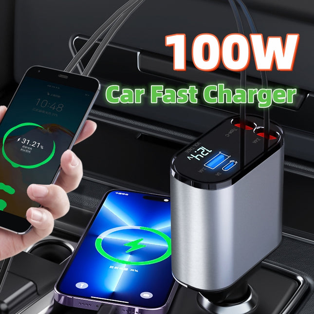 Cargador de coche metálico de 100 W con carga superrápida, adaptador USB y tipo C para encendedor de coche