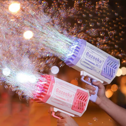 Pistola de burbujas cohete 69 agujeros, máquina de pompas de jabón con forma de ametralladora, soplador automático con luz, juguetes para niños