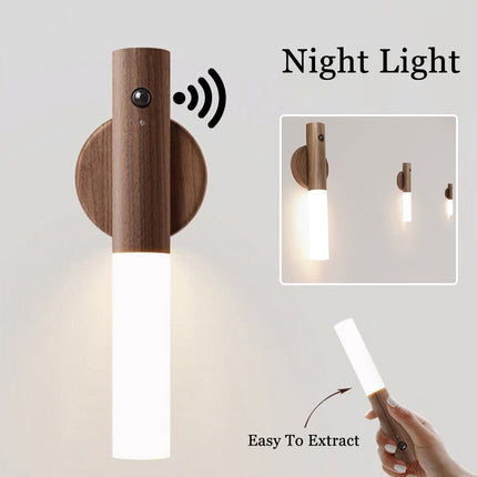 Luz nocturna LED USB magnética de madera inalámbrica para pasillos, porche, sensor de movimiento PIR, lámpara de pared, lámpara de armario