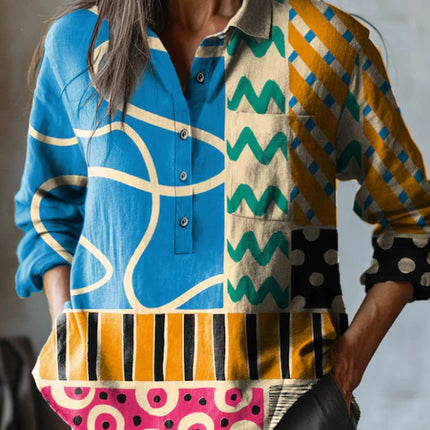 Camisa informal de manga larga con cuello en V y un solo botón con estampado de grafiti