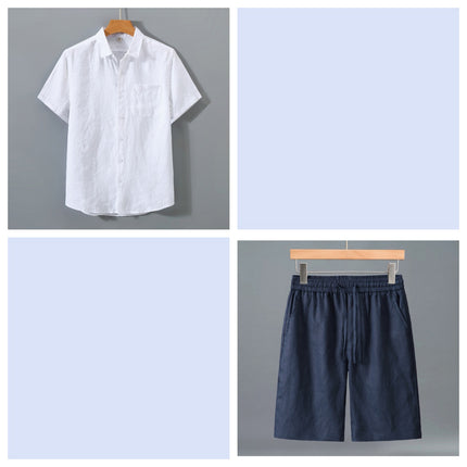 Conjunto de pantalones cortos y camisa de manga corta de lino puro para hombre - Traje de verano ligero e informal y holgado