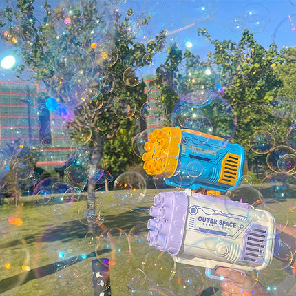 Pistola de burbujas cohete 69 agujeros, máquina de pompas de jabón con forma de ametralladora, soplador automático con luz, juguetes para niños