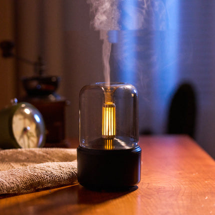Humidificador de aire portátil con luz de vela, 120 ml, USB, vaporizador frío, 8-12 horas de duración, con luz LED nocturna.
