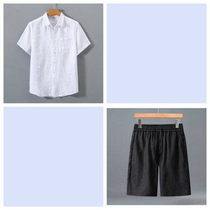 Conjunto de pantalones cortos y camisa de manga corta de lino puro para hombre - Traje de verano ligero e informal y holgado