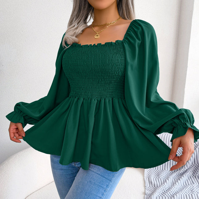 Top informal de color liso con volantes, cuello cuadrado y manga larga para mujer