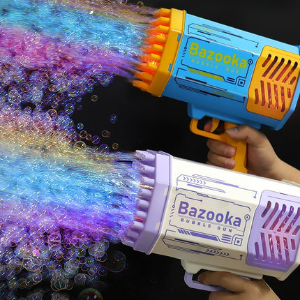 Pistola de burbujas cohete 69 agujeros, máquina de pompas de jabón con forma de ametralladora, soplador automático con luz, juguetes para niños