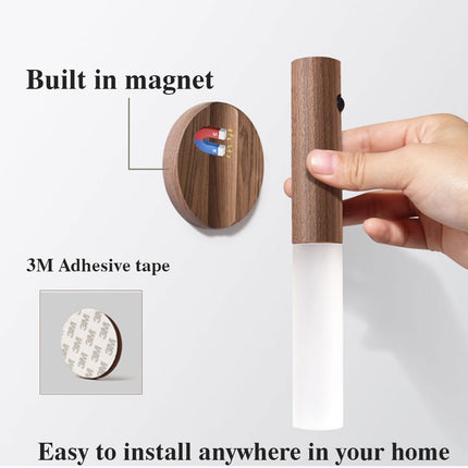 Luz nocturna LED USB magnética de madera inalámbrica para pasillos, porche, sensor de movimiento PIR, lámpara de pared, lámpara de armario