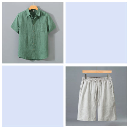 Conjunto de pantalones cortos y camisa de manga corta de lino puro para hombre - Traje de verano ligero e informal y holgado