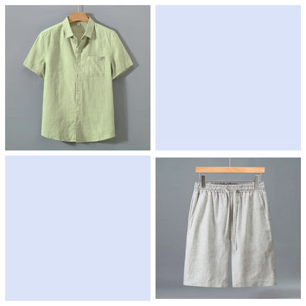 Conjunto de pantalones cortos y camisa de manga corta de lino puro para hombre - Traje de verano ligero e informal y holgado