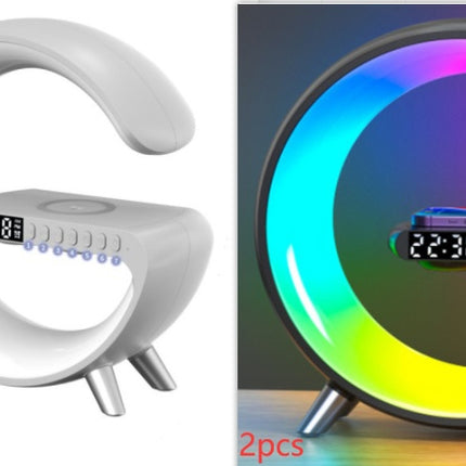 Lámpara LED inteligente con forma de G, altavoz Bluetooth, cargador inalámbrico, lámpara de ambiente y control por aplicación para dormitorio y decoración del hogar