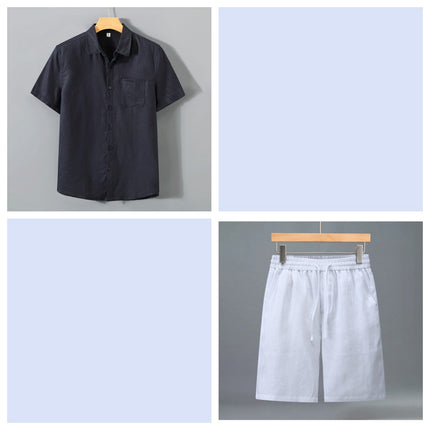 Conjunto de pantalones cortos y camisa de manga corta de lino puro para hombre - Traje de verano ligero e informal y holgado