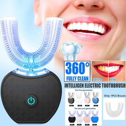 Cepillo de dientes eléctrico automático inteligente 360 grados resistente al agua tipo U blanqueador con luz azul carga USB