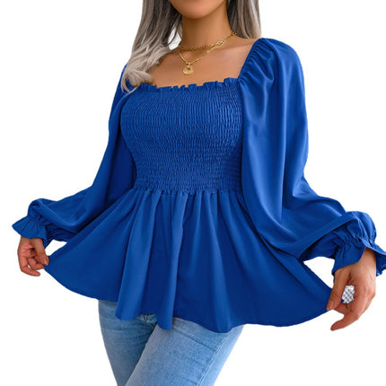 Top informal de color liso con volantes, cuello cuadrado y manga larga para mujer