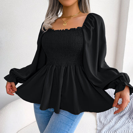 Top informal de color liso con volantes, cuello cuadrado y manga larga para mujer