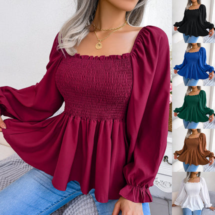 Top informal de color liso con volantes, cuello cuadrado y manga larga para mujer