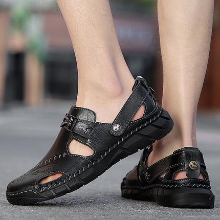 Sandalias casuales de cuero genuino para jóvenes, pantuflas de hombre de moda que combinan con todo