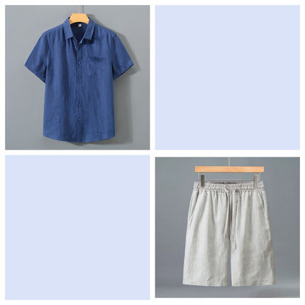 Conjunto de pantalones cortos y camisa de manga corta de lino puro para hombre - Traje de verano ligero e informal y holgado